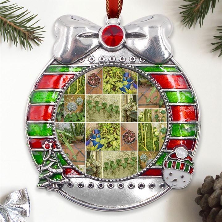 Garden Sanctuary Photo Collage Print Metal X Mas Ribbon With Red Crystal Round Ornament