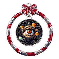 Eye Of The Universe (ai) Metal Red Ribbon Round Ornament by dflcprintsclothing