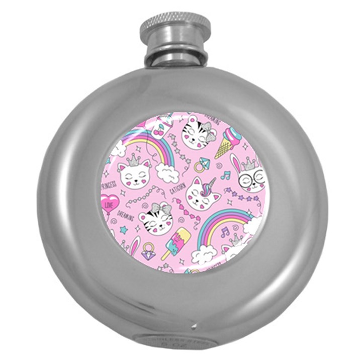 Beautiful Cute Animals Pattern Pink Round Hip Flask (5 oz)