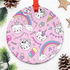 Beautiful Cute Animals Pattern Pink Round Ornament (two Sides)