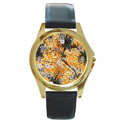 Leaf Yellow Point Flower White Round Gold Metal Watch by Grandong