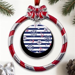 Seamless Marine Pattern Metal Red Ribbon Round Ornament by Ket1n9