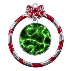 Lightning Electricity Pattern Green Metal Red Ribbon Round Ornament by anzea