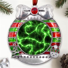 Lightning Electricity Pattern Green Metal X mas Ribbon With Red Crystal Round Ornament by anzea