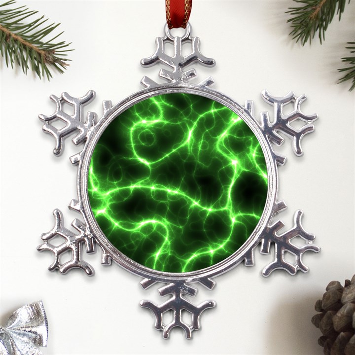 Lightning Electricity Pattern Green Metal Large Snowflake Ornament