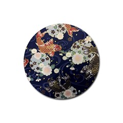 Japanese Wave Koi Illustration Pattern Rubber Round Coaster (4 Pack) by Ndabl3x