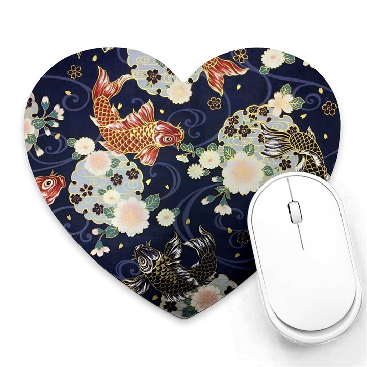 Japanese Wave Koi Illustration Pattern Heart Mousepad