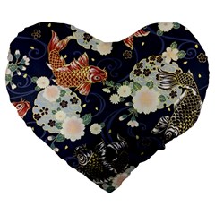 Japanese Wave Koi Illustration Pattern Large 19  Premium Heart Shape Cushions by Ndabl3x