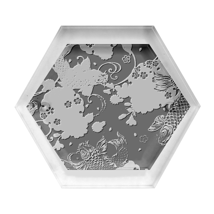 Japanese Wave Koi Illustration Pattern Hexagon Wood Jewelry Box