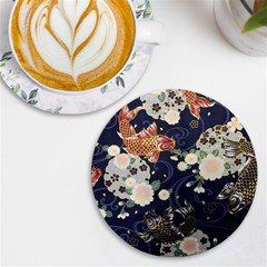 Japanese Wave Koi Illustration Pattern Uv Print Round Tile Coaster by Ndabl3x