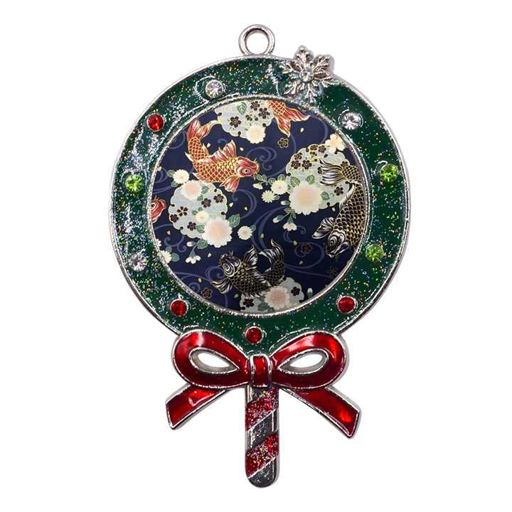 Japanese Wave Koi Illustration Pattern Metal X Mas Lollipop with Crystal Ornament