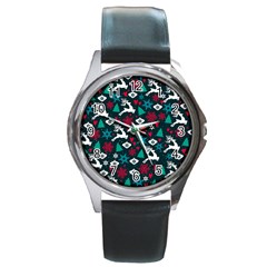 Holiday Season Pattern December Happy Holidays Merry Christmas Winter Family Festive New Year Round Metal Watch by Maspions