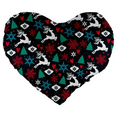 Holiday Season Pattern December Happy Holidays Merry Christmas Winter Family Festive New Year Large 19  Premium Heart Shape Cushions by Maspions