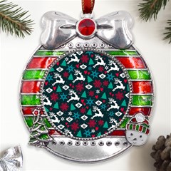 Holiday Season Pattern December Happy Holidays Merry Christmas Winter Family Festive New Year Metal X mas Ribbon With Red Crystal Round Ornament by Maspions