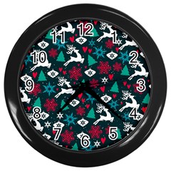 Holiday Season Pattern December Happy Holidays Merry Christmas Winter Family Festive New Year Wall Clock (black) by Maspions