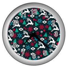 Holiday Season Pattern December Happy Holidays Merry Christmas Winter Family Festive New Year Wall Clock (silver) by Maspions