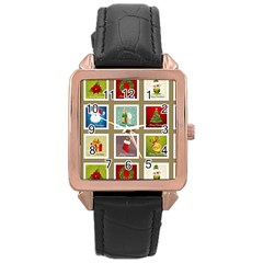 Christmas Stamp Pattern Rose Gold Leather Watch 