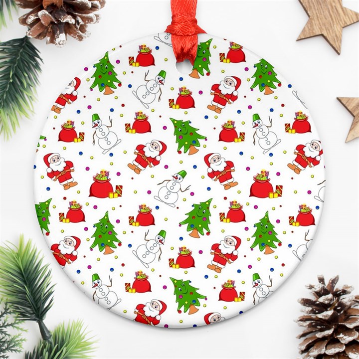 Christmas Pattern  Trees Santa Round Ornament (Two Sides)