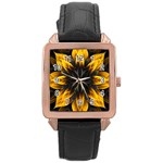 Yellow Flower Pattern Leaves Rose Gold Leather Watch  Front