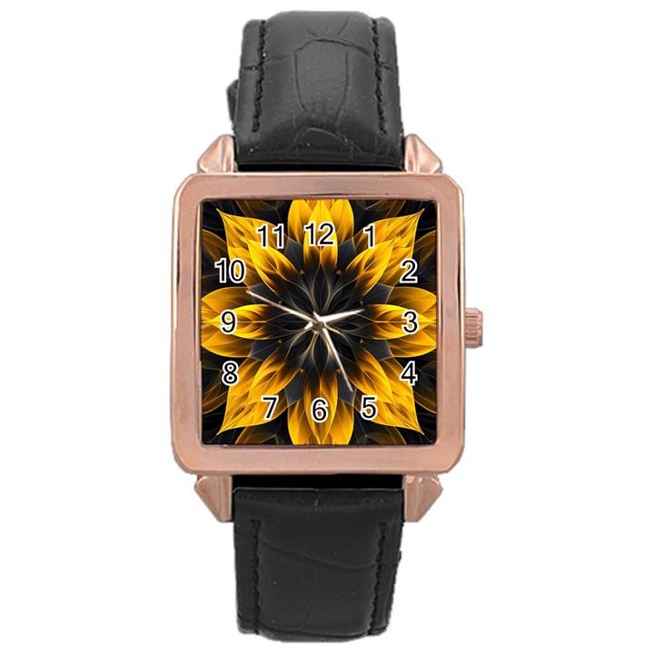 Yellow Flower Pattern Leaves Rose Gold Leather Watch 