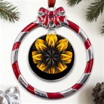 Yellow Flower Pattern Leaves Metal Red Ribbon Round Ornament Front