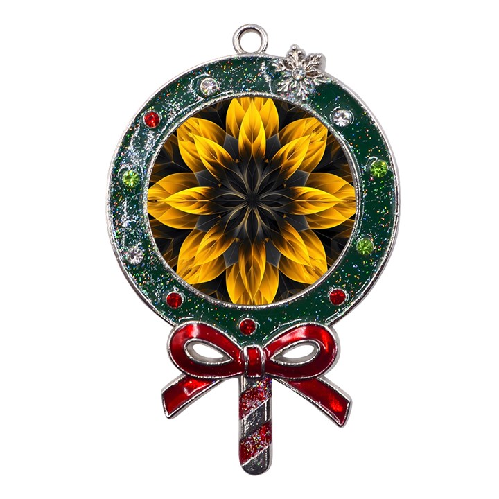 Yellow Flower Pattern Leaves Metal X Mas Lollipop with Crystal Ornament