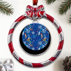 Christmas Stars Pattern Star Metal Red Ribbon Round Ornament by Maspions