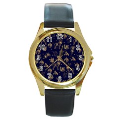 Christmas Pattern Gold December  Happy Holidays Merry Christmas Winter Family Festive Gold New Year Round Gold Metal Watch by Maspions