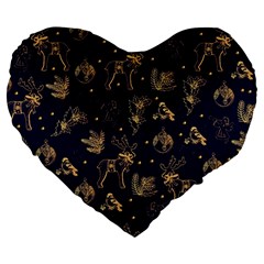 Christmas Pattern Gold December  Happy Holidays Merry Christmas Winter Family Festive Gold New Year Large 19  Premium Heart Shape Cushions by Maspions