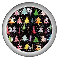 Fun Christmas Trees Adoxali Scandinavian Artistic Background Pattern Wall Clock (silver) by Maspions