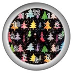 Fun Christmas Trees Adoxali Scandinavian Artistic Background Pattern Wall Clock (Silver) Front