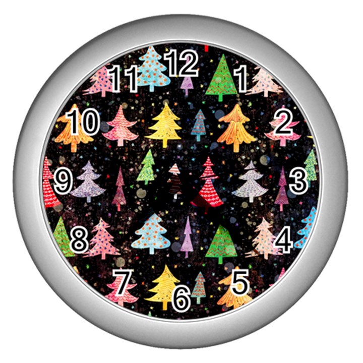 Fun Christmas Trees Adoxali Scandinavian Artistic Background Pattern Wall Clock (Silver)