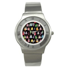 Fun Christmas Trees Adoxali Scandinavian Artistic Background Pattern Stainless Steel Watch by Maspions