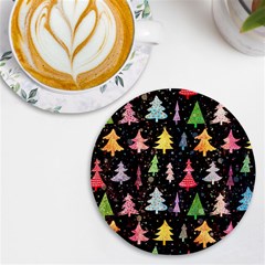 Fun Christmas Trees Adoxali Scandinavian Artistic Background Pattern Uv Print Round Tile Coaster by Maspions