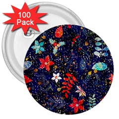 Festive Floral Pattern Christmas Blue Floral Flower Foliage Leaves Pattern Red Snow Winter 3  Buttons (100 Pack) 