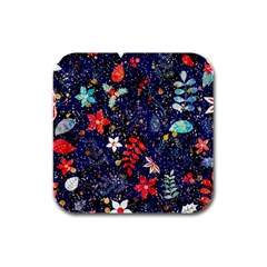 Festive Floral Pattern Christmas Blue Floral Flower Foliage Leaves Pattern Red Snow Winter Rubber Square Coaster (4 Pack)