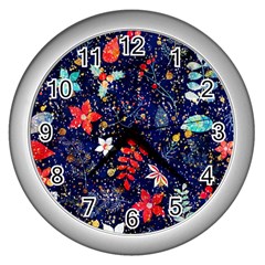 Festive Floral Pattern Christmas Blue Floral Flower Foliage Leaves Pattern Red Snow Winter Wall Clock (silver)