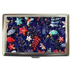 Festive Floral Pattern Christmas Blue Floral Flower Foliage Leaves Pattern Red Snow Winter Cigarette Money Case