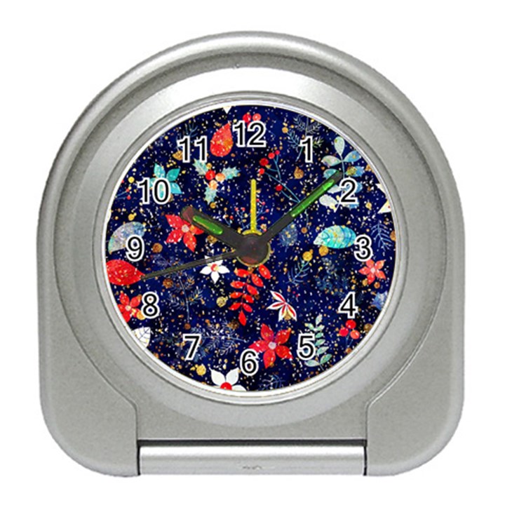 Festive Floral Pattern Christmas Blue Floral Flower Foliage Leaves Pattern Red Snow Winter Travel Alarm Clock