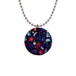 Festive Floral Pattern Christmas Blue Floral Flower Foliage Leaves Pattern Red Snow Winter 1  Button Necklace Front