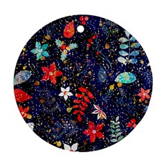 Festive Floral Pattern Christmas Blue Floral Flower Foliage Leaves Pattern Red Snow Winter Round Ornament (two Sides)