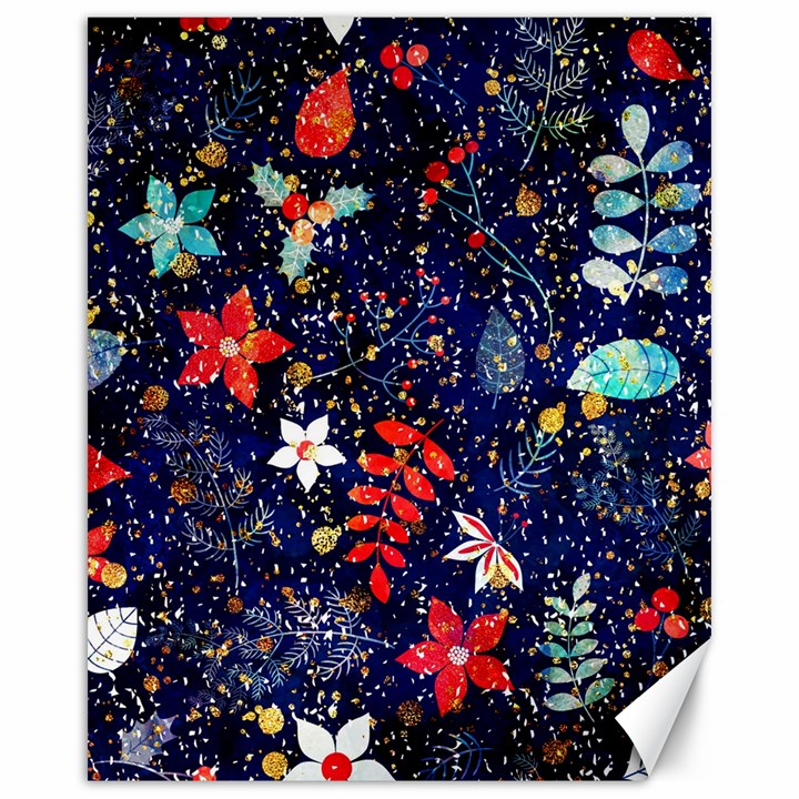 Festive Floral Pattern Christmas Blue Floral Flower Foliage Leaves Pattern Red Snow Winter Canvas 16  x 20 