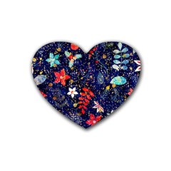 Festive Floral Pattern Christmas Blue Floral Flower Foliage Leaves Pattern Red Snow Winter Rubber Coaster (heart)