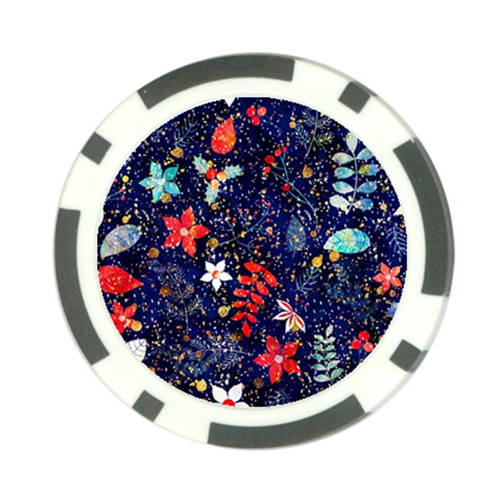 Festive Floral Pattern Christmas Blue Floral Flower Foliage Leaves Pattern Red Snow Winter Poker Chip Card Guard