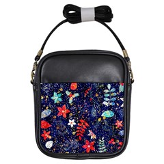 Festive Floral Pattern Christmas Blue Floral Flower Foliage Leaves Pattern Red Snow Winter Girls Sling Bag