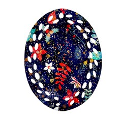 Festive Floral Pattern Christmas Blue Floral Flower Foliage Leaves Pattern Red Snow Winter Ornament (oval Filigree)