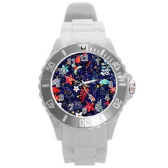 Festive Floral Pattern Christmas Blue Floral Flower Foliage Leaves Pattern Red Snow Winter Round Plastic Sport Watch (l)