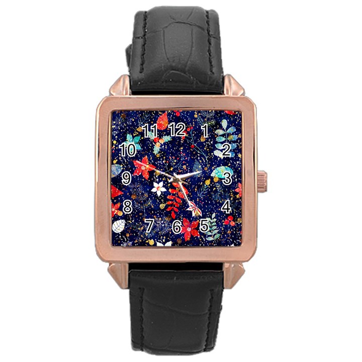 Festive Floral Pattern Christmas Blue Floral Flower Foliage Leaves Pattern Red Snow Winter Rose Gold Leather Watch 