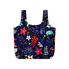 Festive Floral Pattern Christmas Blue Floral Flower Foliage Leaves Pattern Red Snow Winter Full Print Recycle Bag (s)