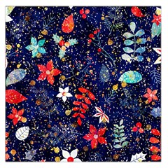 Festive Floral Pattern Christmas Blue Floral Flower Foliage Leaves Pattern Red Snow Winter Square Satin Scarf (36  X 36 )